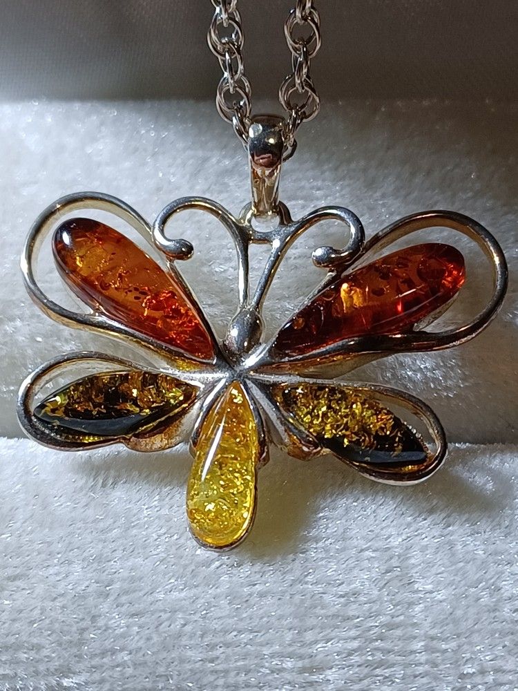 Sterling Silver Baltic Amber Butterfly Necklace