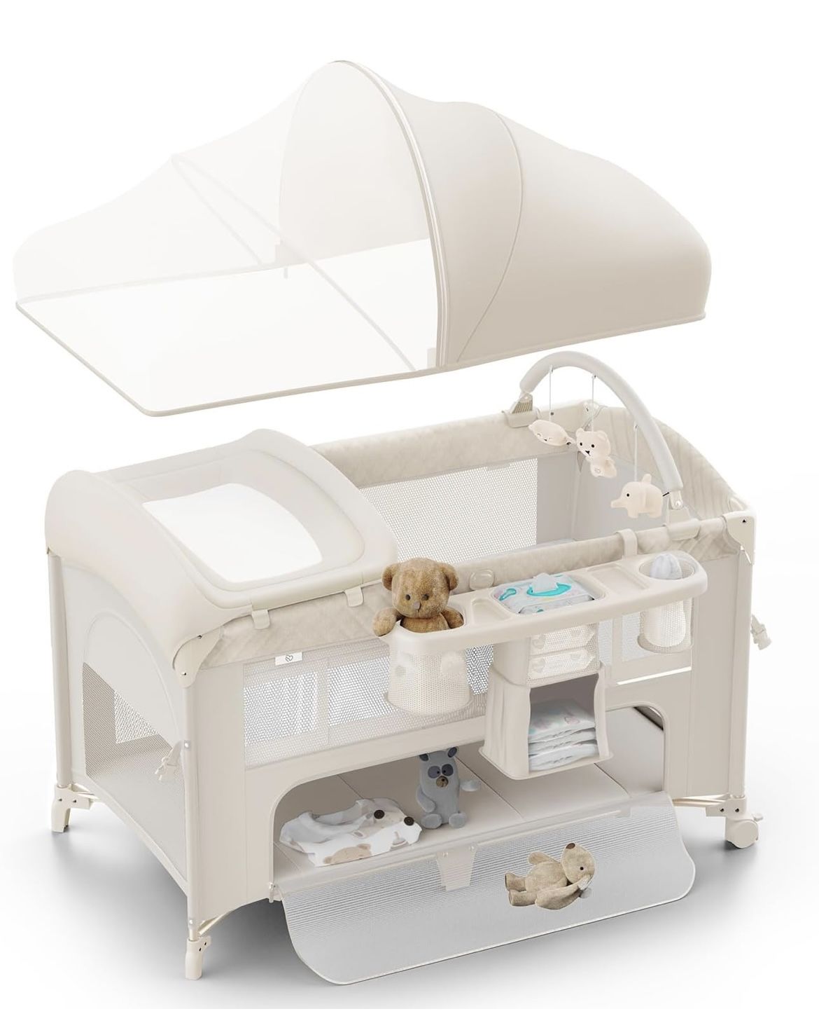 NEW - 4 in 1 Baby Bassinet, Pack and Play, Bedside Crib Sleeper, Diaper Changer - Comes with Mattress, Mosquito Net,Bottom Storage and Toy Bar for New