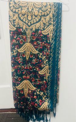 Teal Embroidered Shawl with Fringe