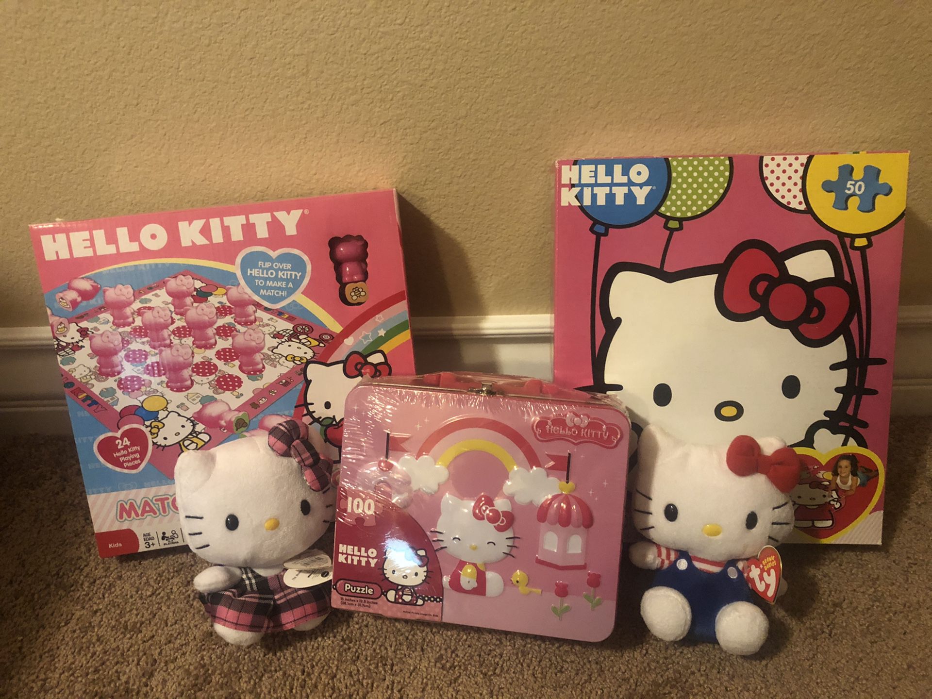 Brand New - Lot of 5 Hello Kitty Items Including Lunch Box Floor Puzzle and Plush Stuffed