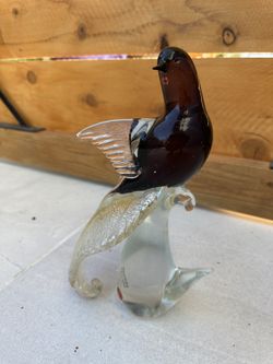 Murano Plum Colored Bird Long Clear And Gold Tail Formia Vetri Made In Italy