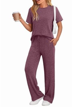 Wine Red Ribbed Knit 2 Piece Lounge Set - Wide Leg - 2XL