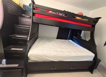 Black bunk bed frame with trundle & built-in stair storage