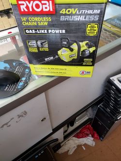 New RYOBI 14" 40 Volt Brushless Coreless Chainsaw 4 Ah Battery And Charger