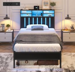 Twin Size Bed Frame with Storage Headboard and LED Lights Twin Bed with Charging Station & Storage Shelves, Black Metal Platform Bed with Under-Bed St