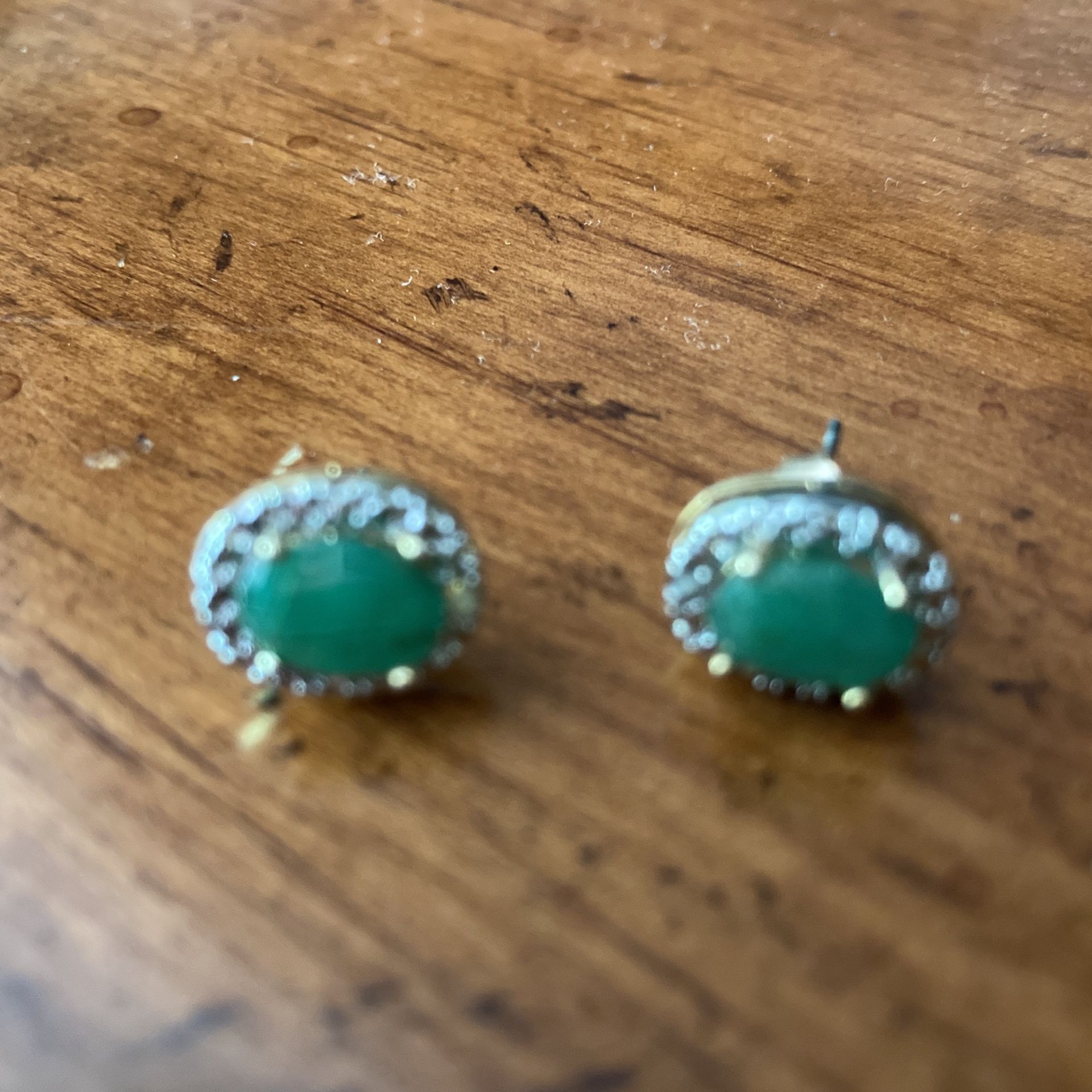 Real Emerald And Diamond Chip Earrings Set In Gold