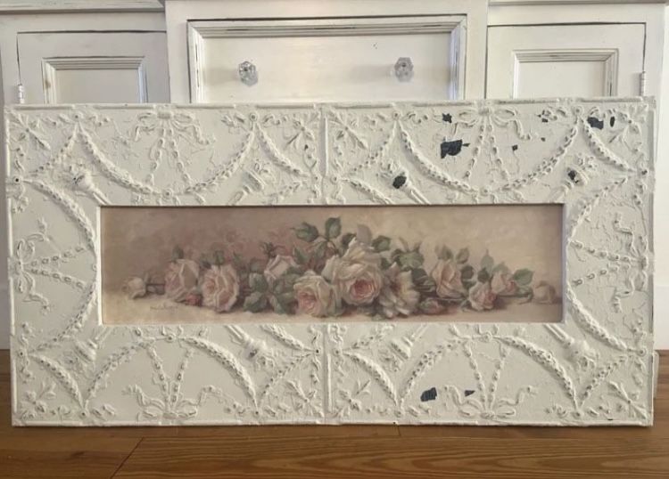 Antique Ceiling Tin Framed Yardlong CHRISTIE REPASY White Shabby Chic Farmhouse Architectural Salvage Roses