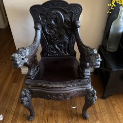 Antique Japanese Carved Foo Dog Throne Chair