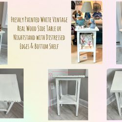 Freshly Painted White Vintage Real Wood Side Table or Nightstand w/ Distressed Edges & Bottom Shelf