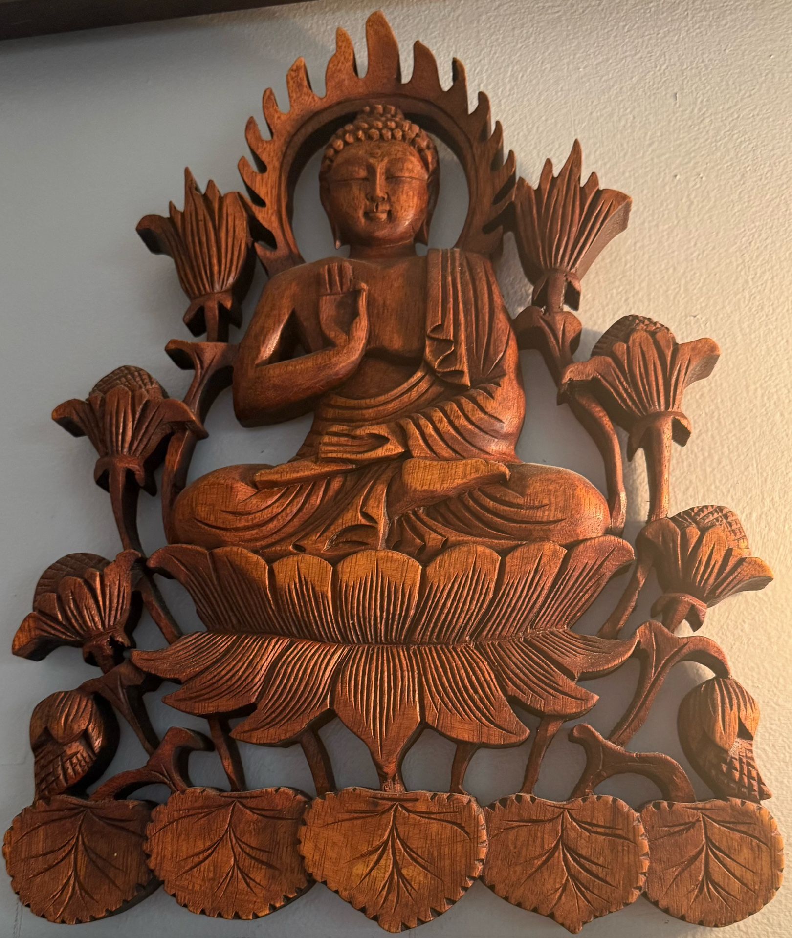 Handmade Enlightened Buddha Wood Relief Panel