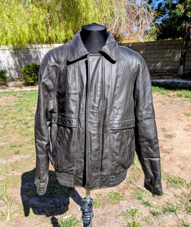 Vintage 1980s Charles Klein Black Leather Mens Med Zip-Up Bomber Jacket Coat EUC