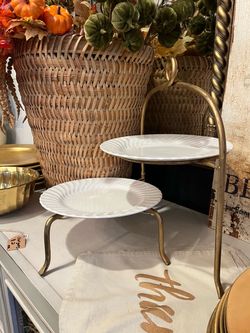 Two-Tier Gold Metal and White Ceramic Serving Stand