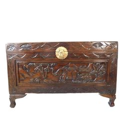 Large Vintage Elephant Carved Wooden Storage Blanket Chest 