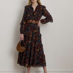 Lauren Ralph Lauren Women's Floral Crinkle Georgette Tiered Dress/size 16/nwt