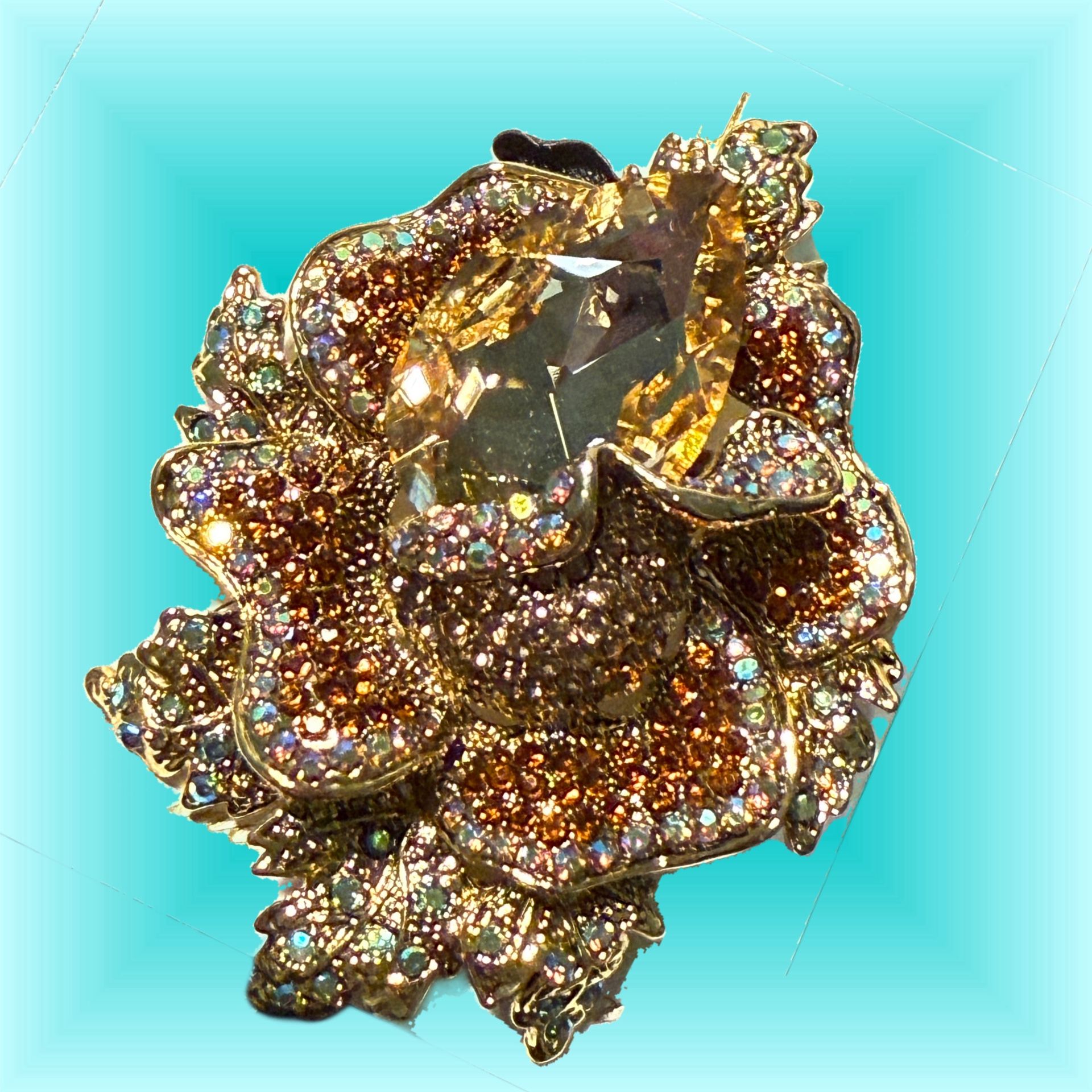 JJ Fantasia  2000s Gold Brown Aurora Borealis Crystal Flower Brooch, 2x2.75”