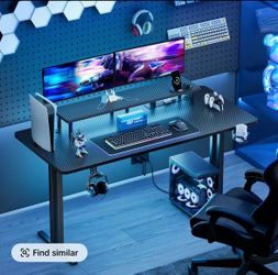 Carbon Fiber Gaming Desk with Built-in Outlets Desks, LED Lights, Computer Monitor Stand, Cup Holder, Headphone Hook & Mouse Pad for Home Office, Mult