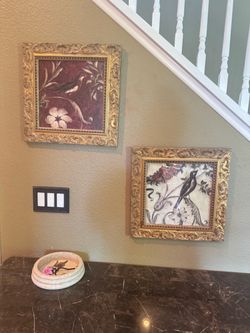 Framed Bird and Flower Prints with Ornate Gold Frames (Set)