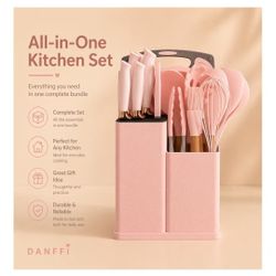 19-Piece Pink Kitchen Set for First Apartment - Complete Silicone Cooking Utensils with Wooden Handles, Pink Knife Set, Cutting Board & Holder - All-i