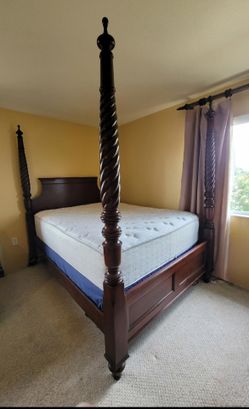 Solid Wood Four-Poster Bed Frame – Dark Cherry Finish