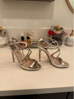 Jimmy Choo Vamp Silver Mirror Leather Strappy Sandals Heels Size 39.5