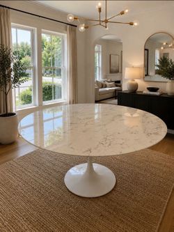Round Faux Marble Tulip Dining Table – Modern White Pedestal Base
