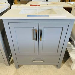 ‼️ Brand New 30 in. W x 22 in. D Single Sink Bath Vanity in Grey with White Marble Top $409 