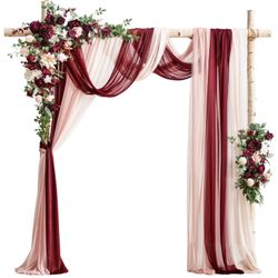 Ling's Moment Deluxe Wedding Arch Flowers With Drapes Kit-Pack Of 5, 2pcs Flower Arrangements 3pcs Hanging Sheer Drapes Pink Ceremony Arbor Red Backdr