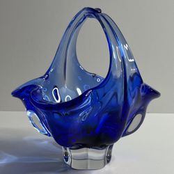 Vintage Royal Gallery Art Glass Cobalt Blue And Green Glass Basket Candy Dish