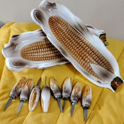 Vintage Ceramic Corn Dishes w/ Skewers