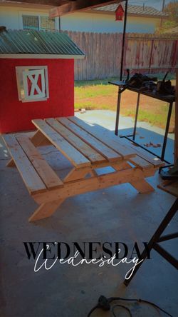 Handmade Wood Picnic Table with Benches