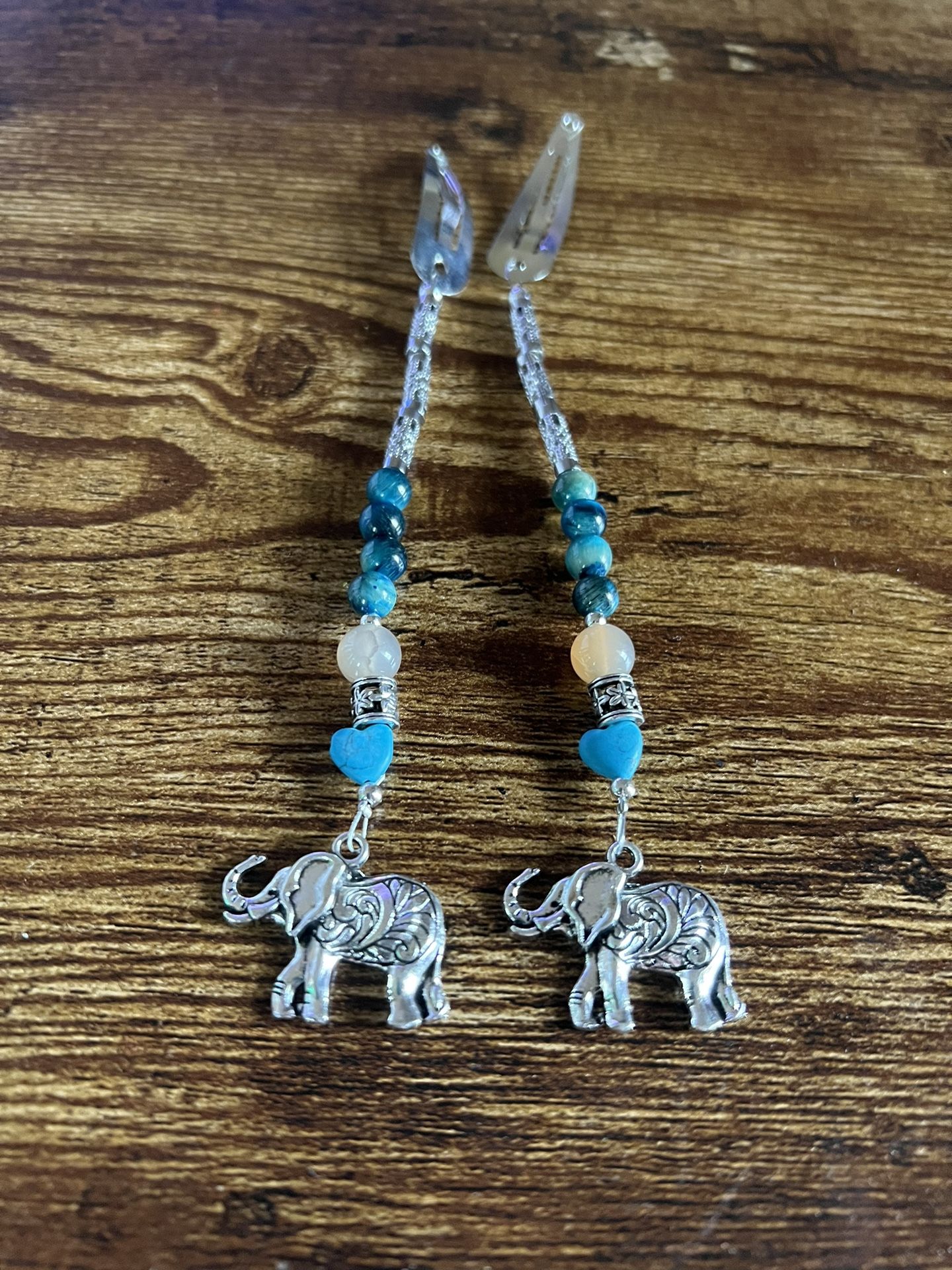 Silver Hair Clips With Beads And Elephant Charms 