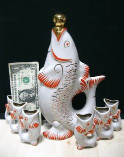Ukrainian Soviet Porcelain Decanter 6 Glasses FISH with Kids Polonsky ZHK USSR 