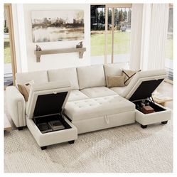 Belffin Modular Sectional Sleeper Sofa – Velvet U-Shaped Convertible with Pull-Out Bed & Dual Storage Chaises – Beige