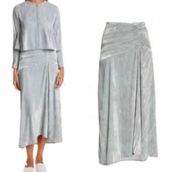 Vince Ruched Velvet Paneled Midi Skirt  Pale Sea Glass Size 8 NWT