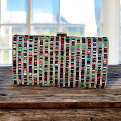 Stunning Silver Clutch Purse With Multicolor Rhinestones 