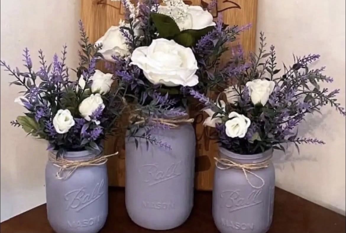 LAVENDER WHITE ROSES chalk painted distressed mason jars faux flowers floral