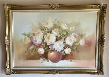 Vintage Oil Painting – Signed Nancy Lee– Pink Flowers In A Round Vase in Ornate Gold Frame (29”x41”)