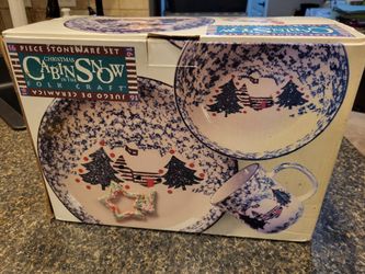Tienshan 16pc stoneware set Cabin in the Snow Folkware dishes set, 4 place settings, NIB new in box