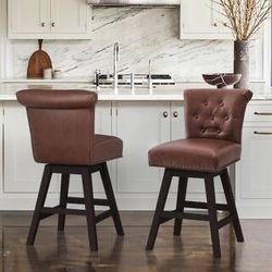 26 in. Brown Faux Leather Swivel Barstool Solid Wood Counter Stool with Nail head Trim and Tufted Backrest Set of 2
