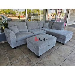 3 Pc Corduroy Sectional Sofa With Storage Ottoman 106" x 35" x 35" H