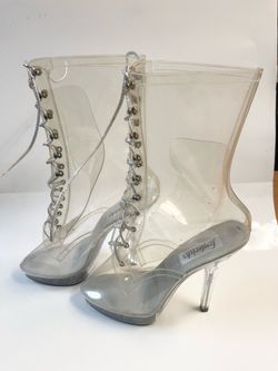 Clear vinyl ankle booties with stilleto heel Fredericks of Hollywood