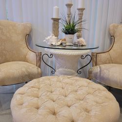 Stunning Custom Upholstered Chairs Glass Top Table And Ottoman 