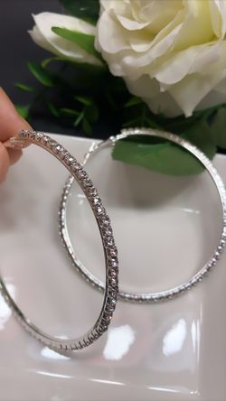 Silver Plated 86mm Big Circle Rhinestone Hoop Earrings, Silver Color