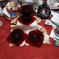 4 Ruby Red Square Teacups And Saucers