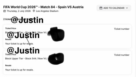 Selling 2 Worldcup Tickets - Match 84 on July 2 - $1400