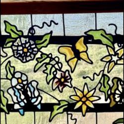 Vintage Stained Glass Suncatcher Hanging Window Panel Butterfly Flowers Colored.