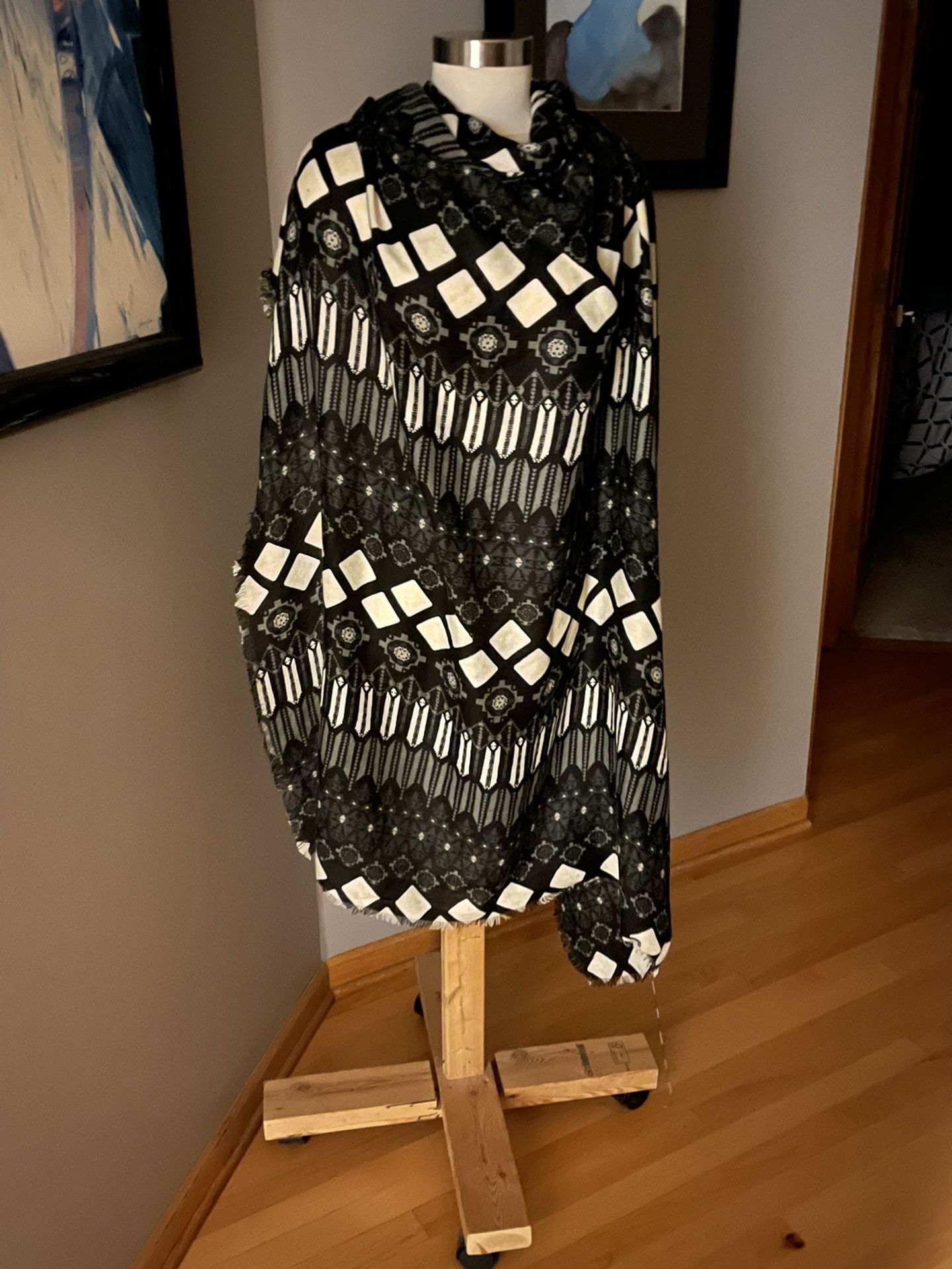Extra Large 54”x48” Blk, Ivory, Cream,Gray Frayed Edge Scarf/Shawl Cashmere Feel