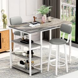 Kitchen Dining Table Set for 2, Bar Table and Chairs Set with 3 Storage Shelves, Tall Dining with 2 PU Leather Backrest Stools for Small Space, Kitche