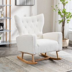 New Rocking Chair Mid-Century Modern Nursery Rocking Armchair Upholstered Tall Back Accent Glider Rocker for Living Room (White)  New in box  37.7'' H
