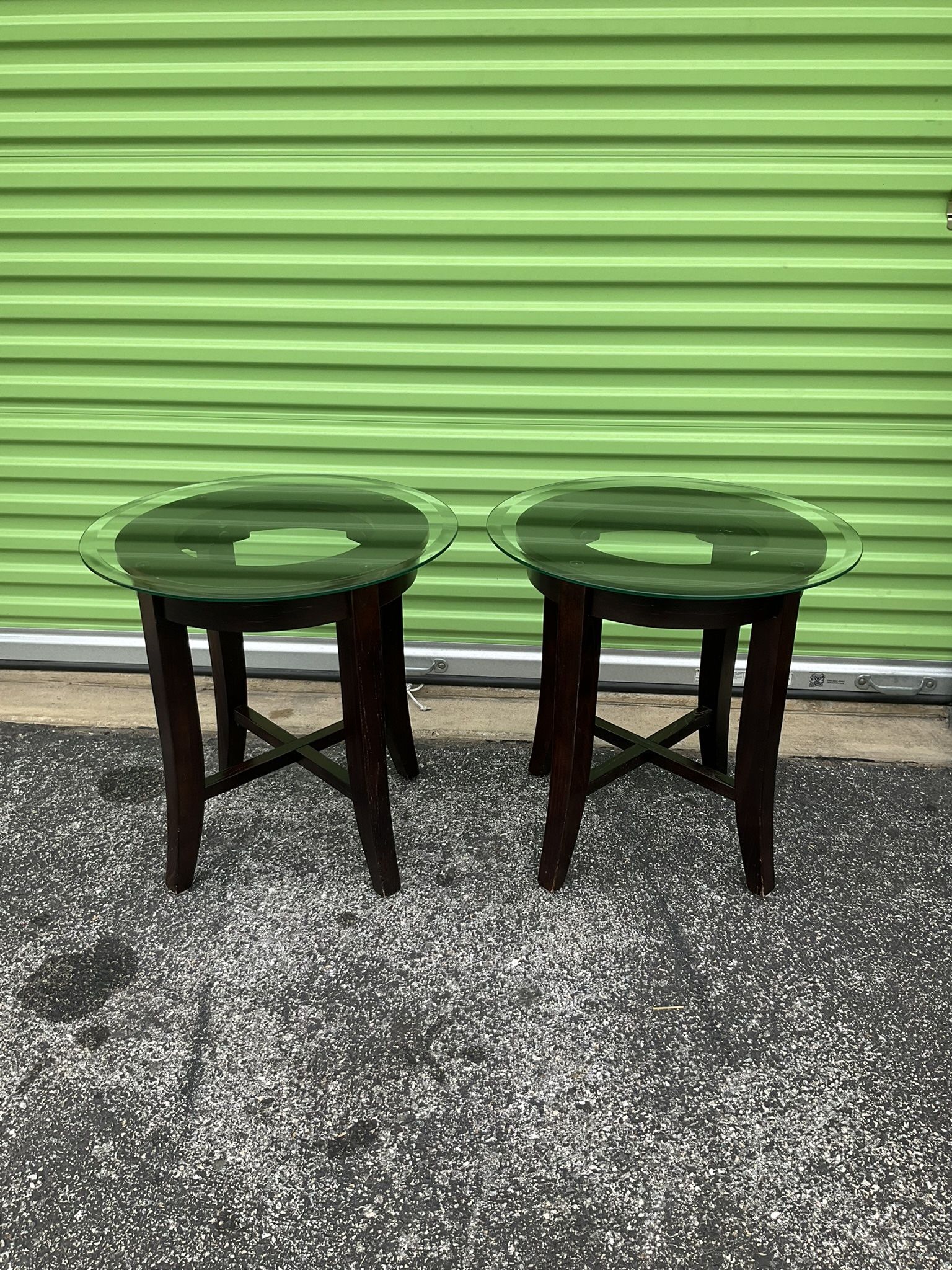 Pair Of Round End Tables With Glass Top
